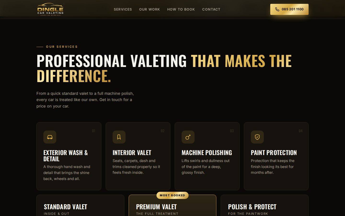 Dingle Car Valeting services section on desktop