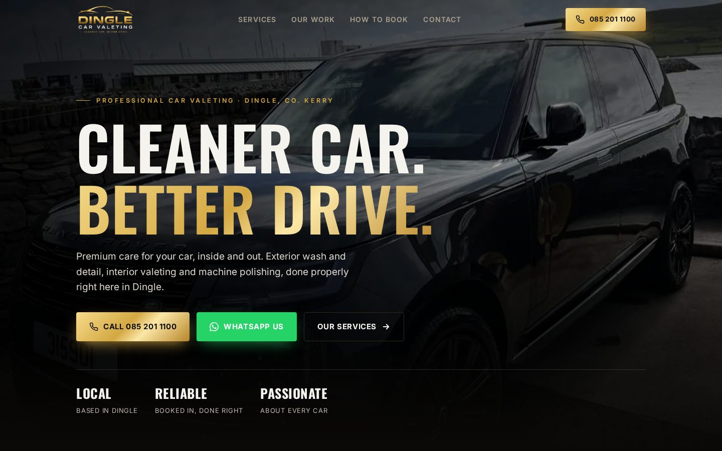 Dingle Car Valeting website home page on desktop